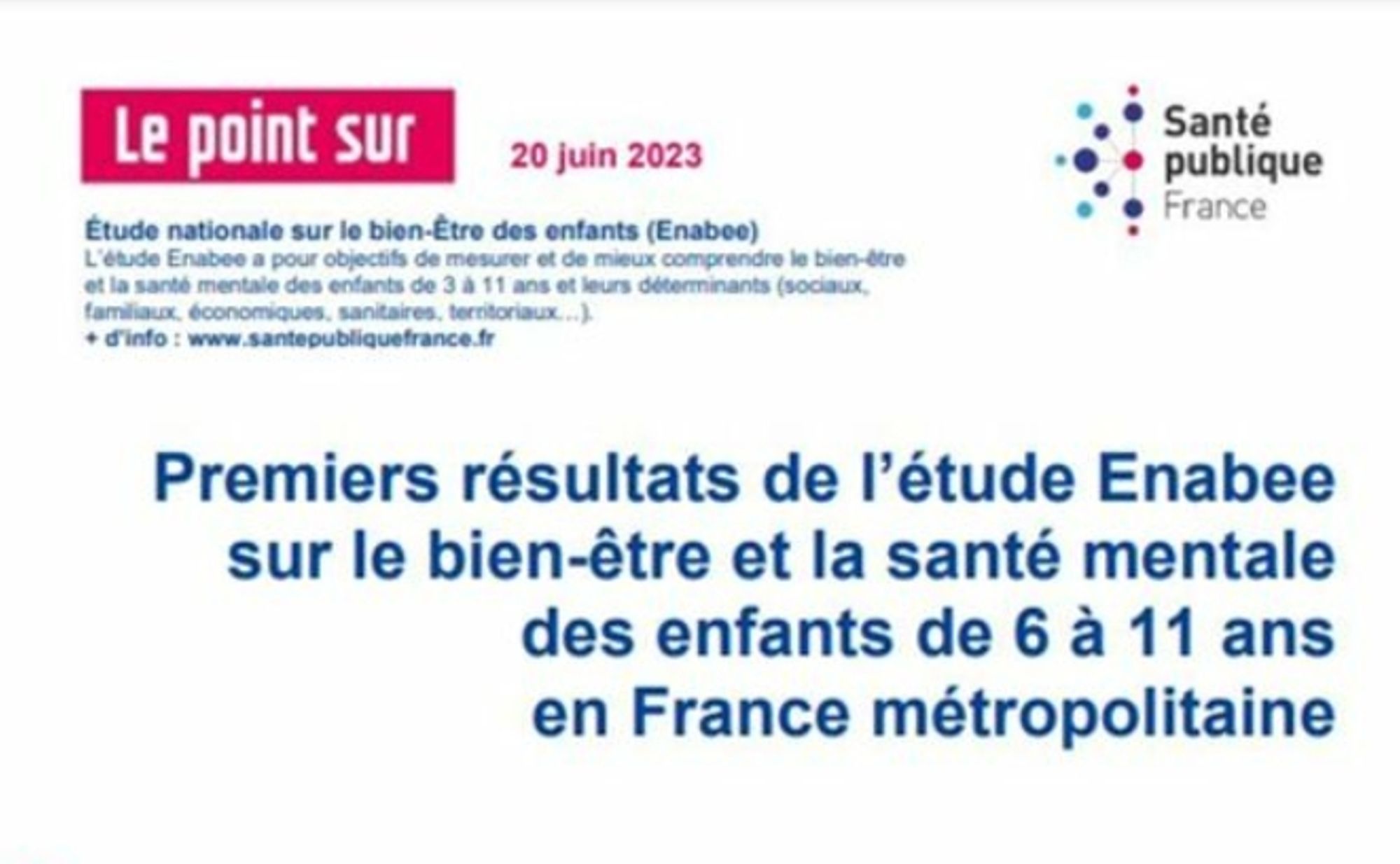 Santé mentale : premiers résultats de l’étude Enabee, chez les enfants de 6 à 11 ans scolarisés du CP au CM2