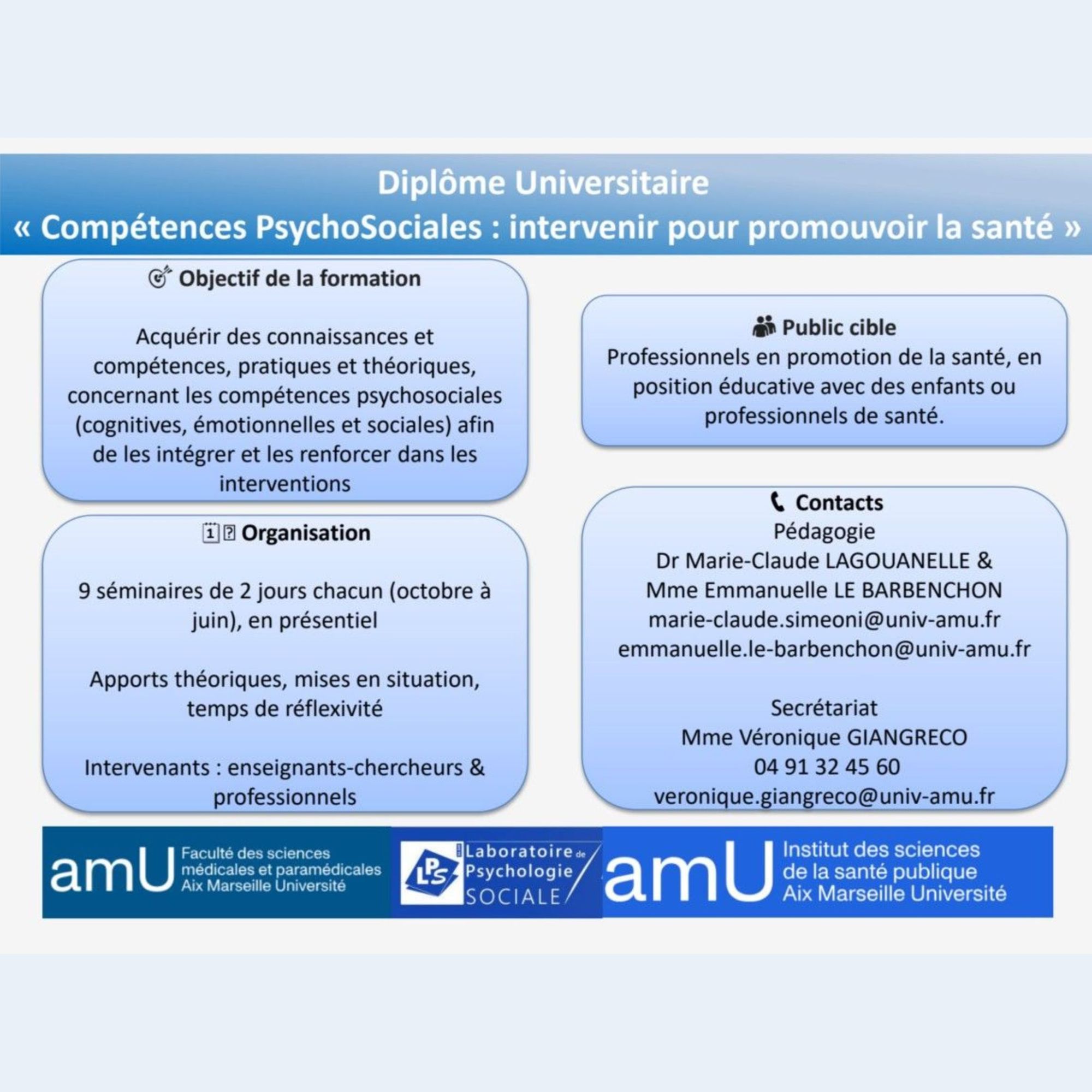 Diplôme Universitaire "Compétences psychosociales : intervenir pour promouvoir la santé"